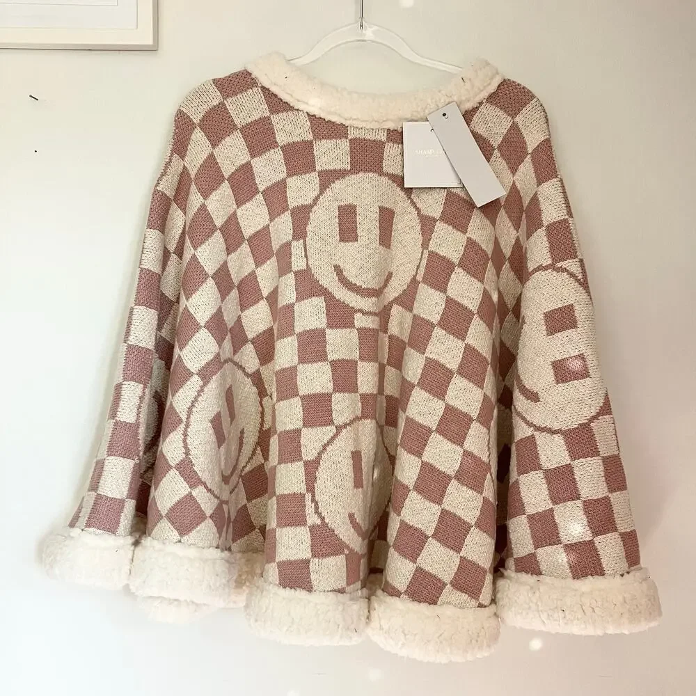 Shabby Chic Smiley Face Pink Rose White Checkered Fur Lined Shawl Tree Skirt